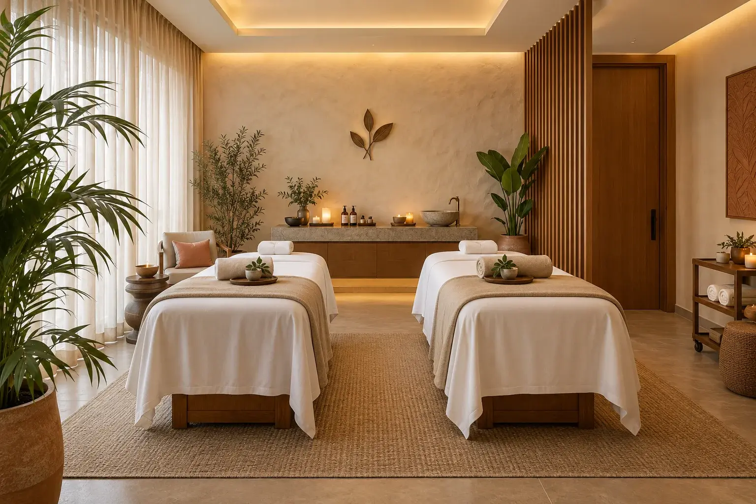 Aura couple treatment room with two prepared massage tables