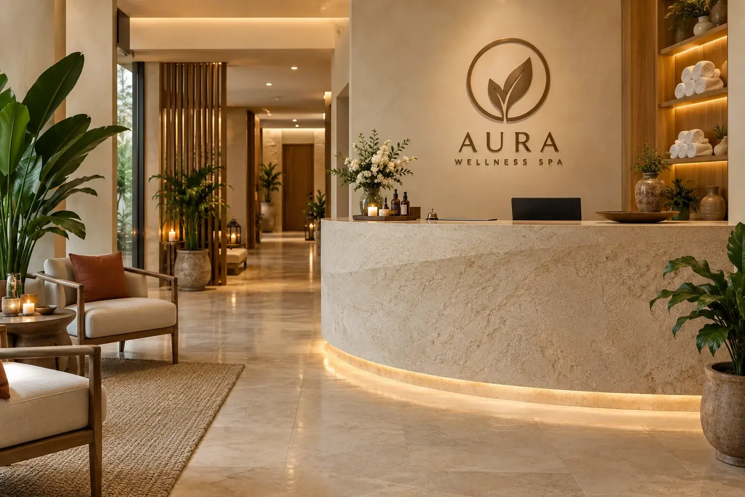 Warm Aura Wellness Spa reception with natural greenery and illuminated brand wall