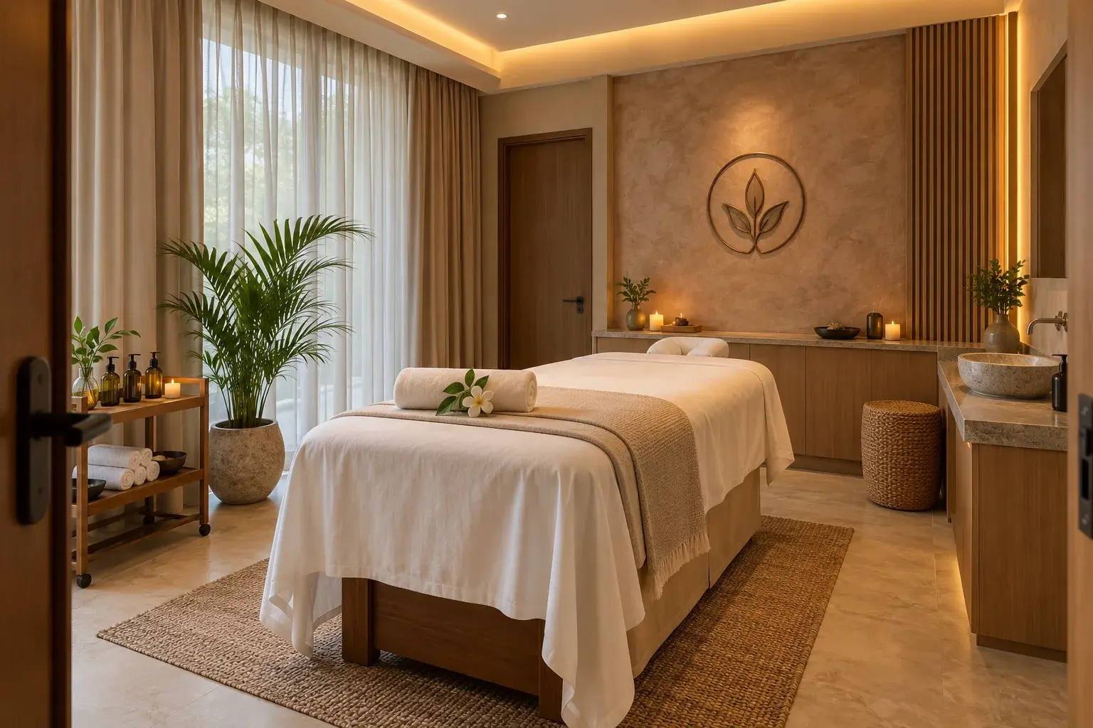 Private Aura treatment room prepared with fresh towels and botanical details